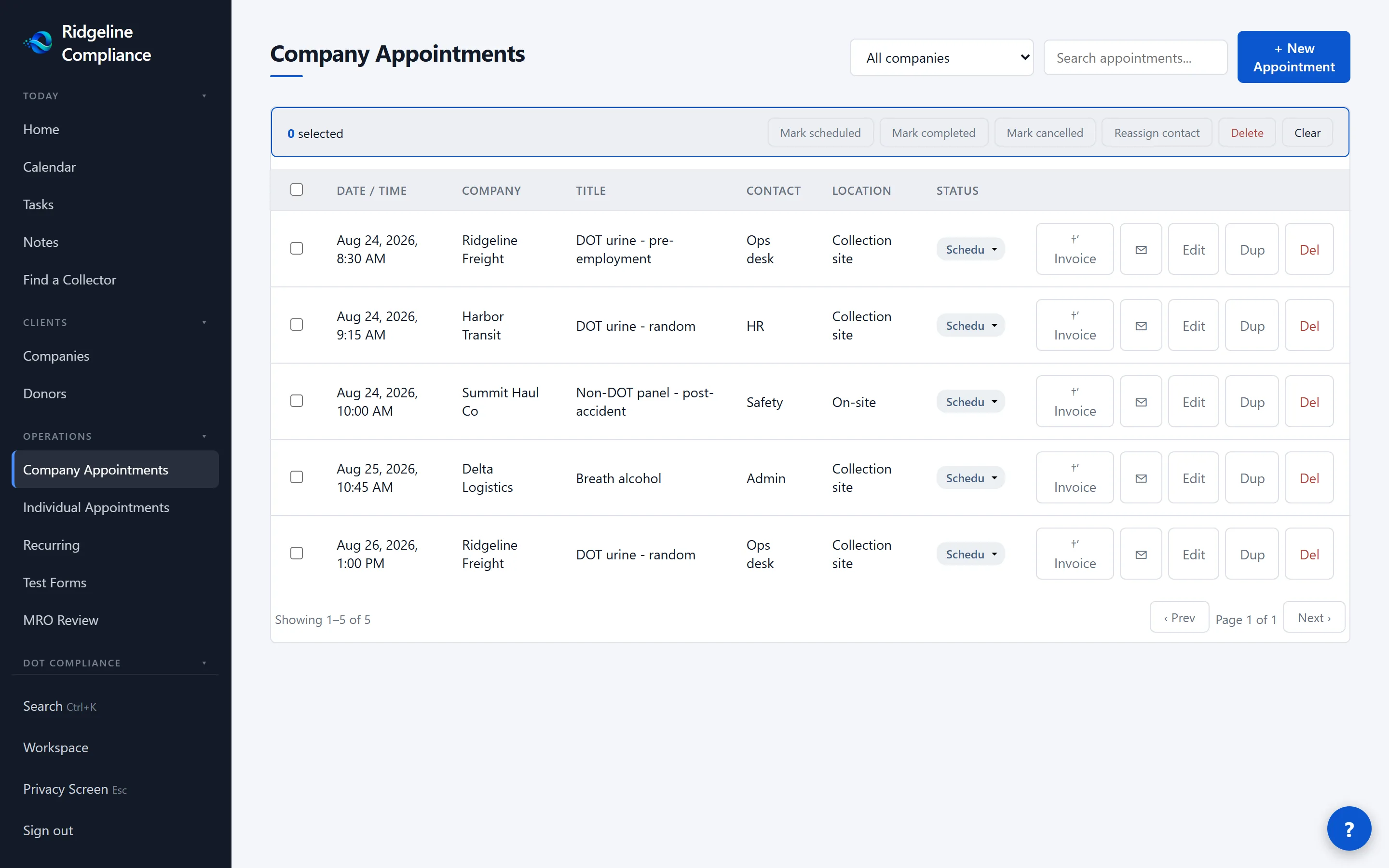 The Olentra company appointments screen, listing upcoming collections by company.