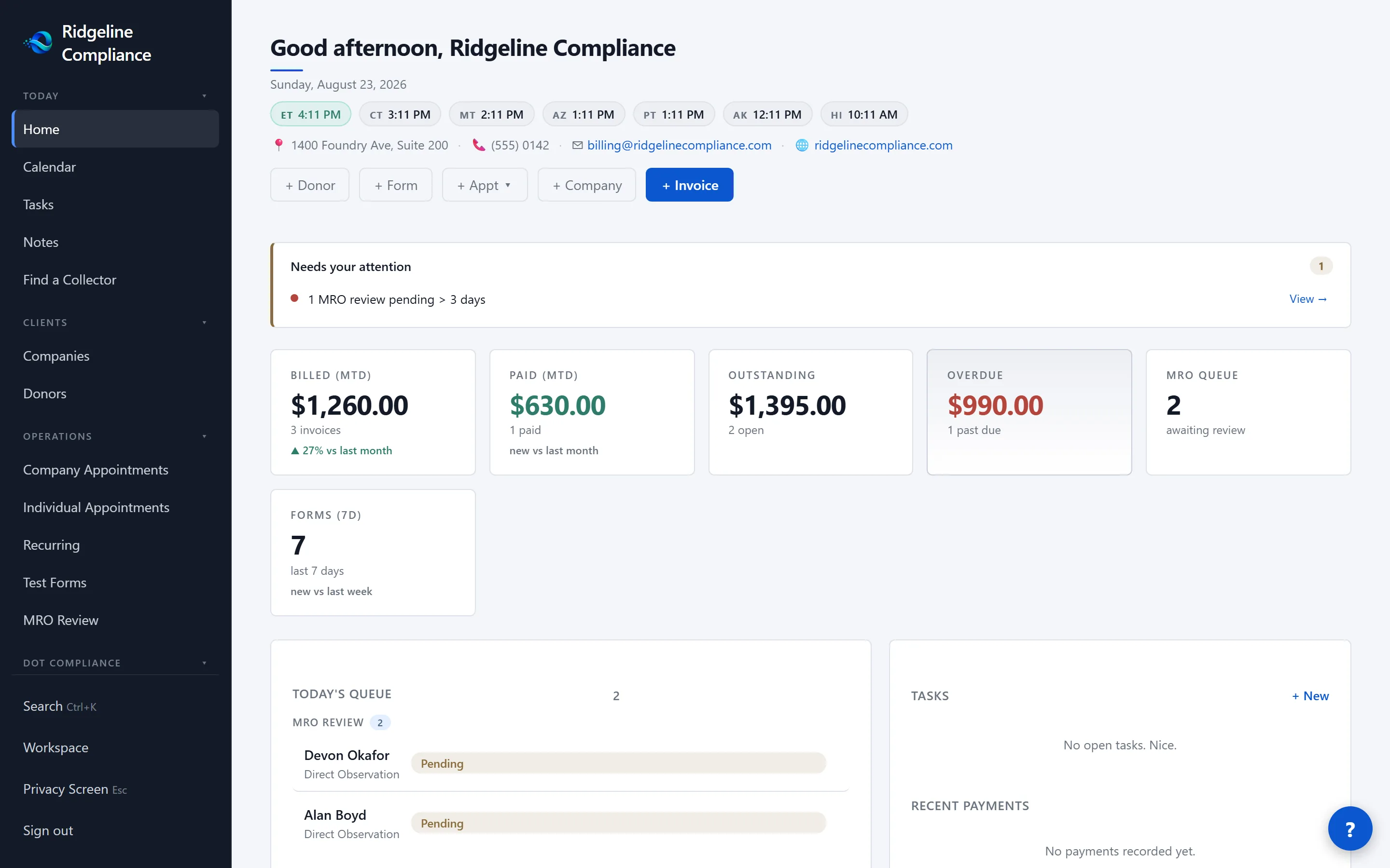 The Olentra home screen, showing billing totals and daily activity.